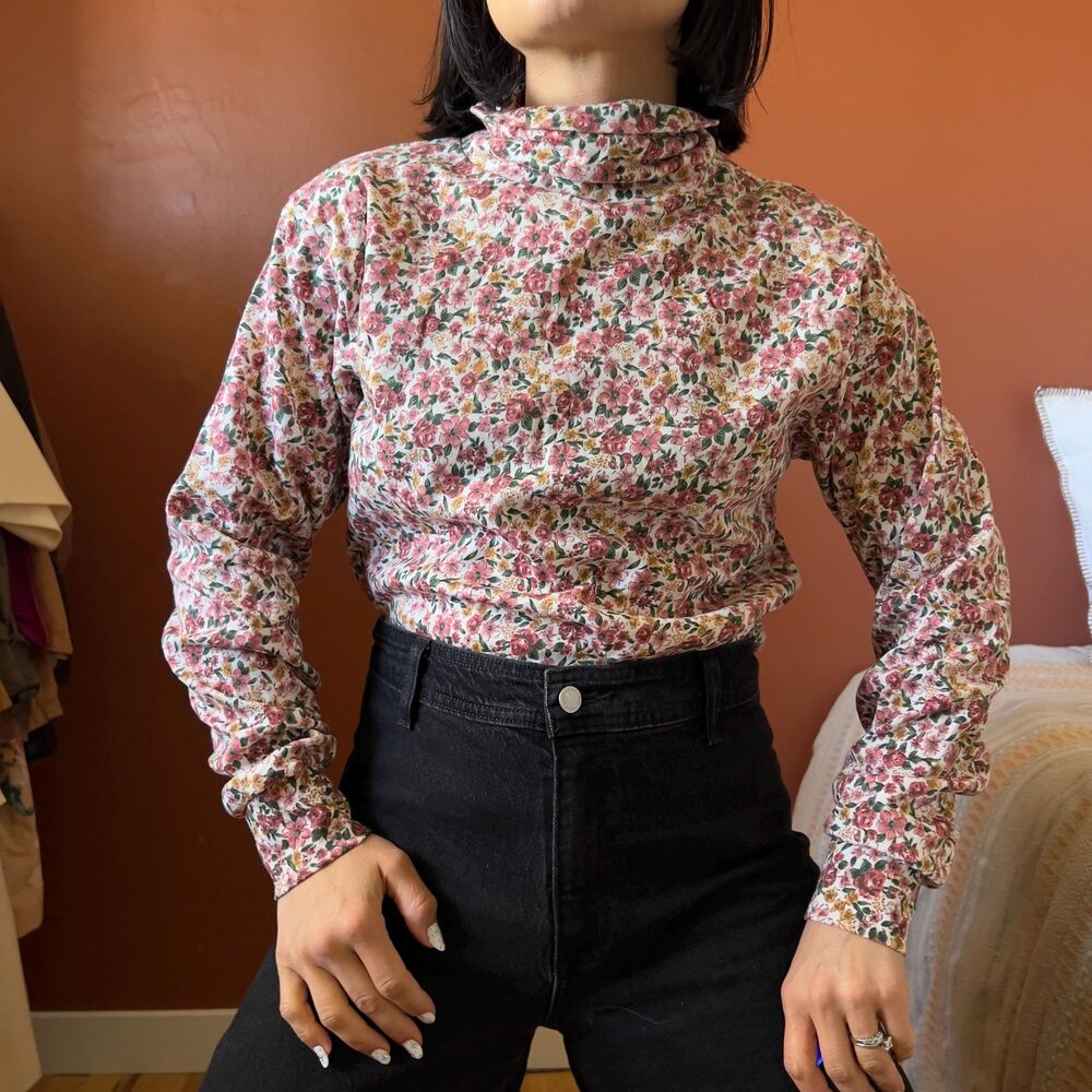 vintage floral turtleneck deadstock NWT white pink cotton blend‎ medium